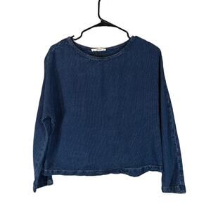 Mango Blue Long Sleeve Crew Neck Casual Denim Shirt Women Sz S